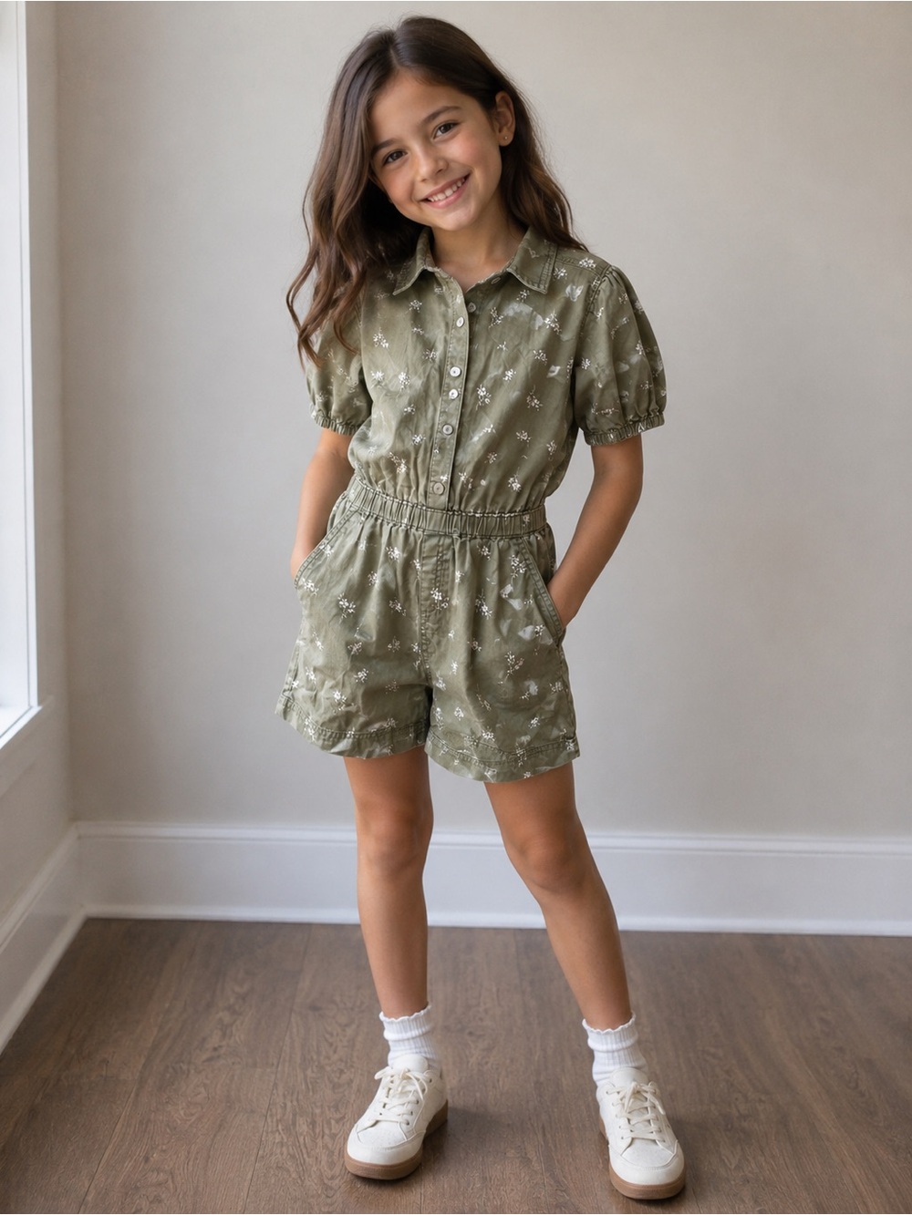 Old Navy Girls Size 14 Olive Green Floral Romper